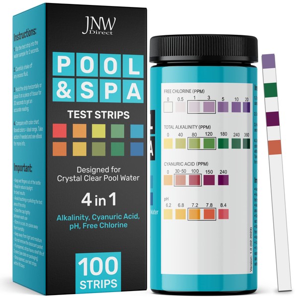 JNW Pool Test Strips, 4in1 Quick & Accurate 100 Pool and Spa Test Strips, Pool Water Test Kit - Free Chlorine, pH, Alkalinity, Cyanuric Acid Pool Water Tests, Spa and Hot Tub Test Strips with E-Book