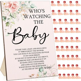 51 Pcs Cool Baby Shower Games Flower Funny Who's Watching The Baby Sign Wooden Game Sign Baby Gift Sets 50 Pcs Tiny Plastic Babies Small Mini Baby Baby Shower Game Prizes for Gender Reveal Party