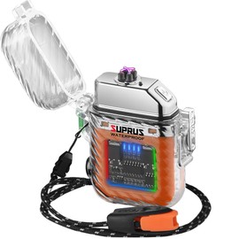 SUPRUS Luminous 3 Modes of Flashlight Windproof Waterproof Lighter Electric Rechargeable Dual Arc Plasma Lighter with Survival Emergency Whistle and Lanyard (Orange)