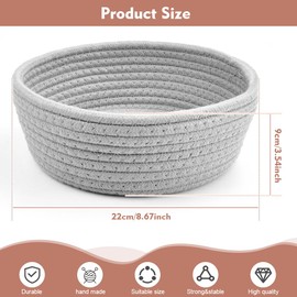 Kleemeiero Bread Basket Braided Storage Basket Braided Cotton Rope Bread Basket Small Bread Basket Decorative Round 22 cm Diameter Bread Bowl Breakfast Wicker Basket for Serving Pastries Grey
