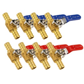 Horiznext pex valves 1/2 inch, brass full port pex shut off valve barb kit with crimp rings for water pipe fitting air hose fuel tubing and gas line (4 red & 4 blue)