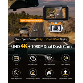 Juscar 4K Dash Cam Front and Rear, 32GB Card Included, 2160P+1080P Car Dash Camera with WiFi GPS, 3" Touch Screen, Dual Dash Camera for Cars with UHD Night Vision, G-Sensor, 24H Parking Mode