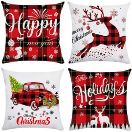 Xyxu Christmas Cushion Covers Set Of 4, Christmas Decorations Indoor Happy Holidays Christmas Pillow Cases Covers, Red Tartan Soft Plush Winter Xmas Design Cushion Covers 45 x 45 cm for Sofa Decor
