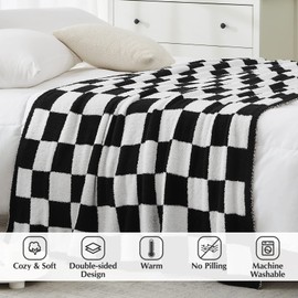 WRENSONGE Checkered Throw Blanket, Black and White Microfiber Soft Cozy Fluffy Warm Hand Made Throw Blankets for Couch, Sofa, Chair, Bed, Camping, Picnic, Travel Lightweight Bed Blanket - 50"*70"