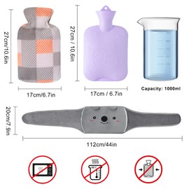 Hot Water Bottle Belt Koala Hot Water Bottle Rubber with Soft Waist Cover, Hot Water Bottle for Neck and Shoulder, Back, Legs, Waist Warming (Purple)