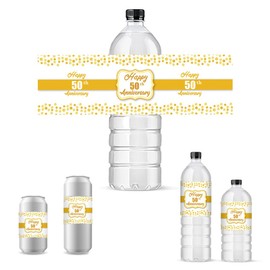 PH PandaHall 30pcs Happy 50th Anniversary Water Bottle Labels, Golden Bottle Stickers Decorative Bottle Wrappers Congrats Waterproof Bottle Wraps for Wedding Anniversary Party Celebration Decor