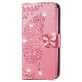 Monwutong Wallet Case for Moto G Play 2023,3D Butterfly Pattern PU Leather Flip Kickstand Case with Magnetic Clasp and Cash Card Slots Holster for Moto G Play 2023, HZD Rhinestone Pink