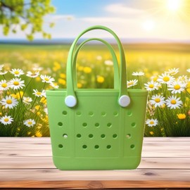Uwooq Small Beach Tote Bag, Portable Mini Rubber Tote Bag for Women, 11" x 8.5" x 4.5" Waterproof Cute Beach Bag for Sports (Small-Grass Green)