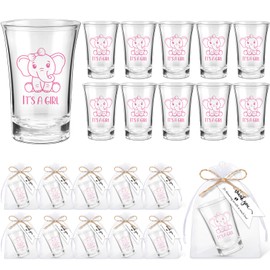 Pickmesh 50 Sets Baby Shower Favors for Guests Gift Elephant Acrylic Shot Glasses Bulk 1.2 oz Gender Reveal Glasses with Thank You Tags and Organza Bags for Baby Shower Party Supplies(Girl Style)