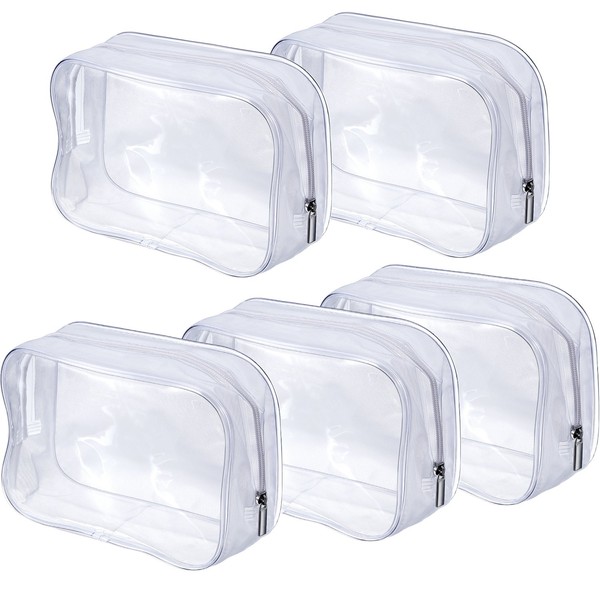 Pangda 5 Pack Clear PVC Zippered Toiletry Carry Pouch Portable Cosmetic Makeup Bag for Vacation, Bathroom and Organizing (Small, White)