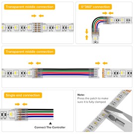 BTF-LIGHTING SMD 5 Pin 12mm 0.47in Width Transparent Connector Kit 8pcs Corner Connector 4pcs Gapless Solderless Connector 4pcs 5.9in Long 22AWG Extension Wires Support 5050 SMD RGBW LED Strip