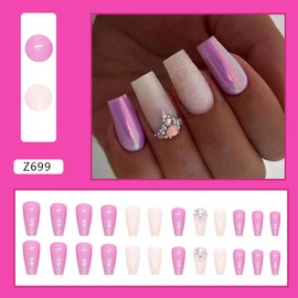 Long Square Press on Nails,Purple Solid Color Fake Nails Kit,Aurora Rhinestones Design False Nails,Glossy Full Cover Stick on Nails for Women Nail Art,Reusable Acrylic Artificial Nails Glue on Nails