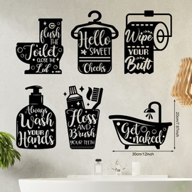 Zonon 6 Pieces Bathroom Wall Decals Sticker Bathroom Funny Sayings Quotes Wall Decor Vinyl Rules Sign Art Decals for Toilet Laundry Room Shower Room Decoration(Black and White)