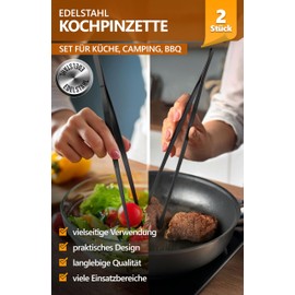 4smile Cooking Tweezers, Set of 2 in Black - Cooking Tweezers Stainless Steel 30 cm Long Tweezers Kitchen - Barbecue Tweezers Round for Cooking and Roasting + Kitchen Tweezers Pointed for Decorating
