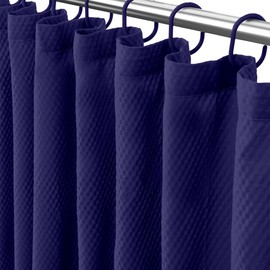 Eazzier Bath Navy Blue Fabric Shower Curtains for Bathroom - Waffle Weave Light Weighted, Thin Hotel Spa Luxury Weighted Polyester Cloth Bath Curtain Set with 12 Plastic Hooks,72x72, Navy Blue