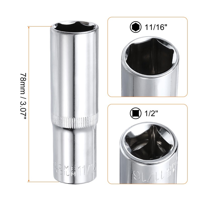 HARFINGTON 6-Point Socket 1/2" Drive by 11/16" SAE 3.07" Length