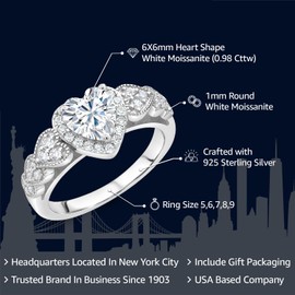 Gem Stone King 0.98 Cttw White Moissanite Engagement Ring For Women | 925 Sterling Silver | Heart Shape 6MM | Available In Size 5, 6, 7, 8, 9