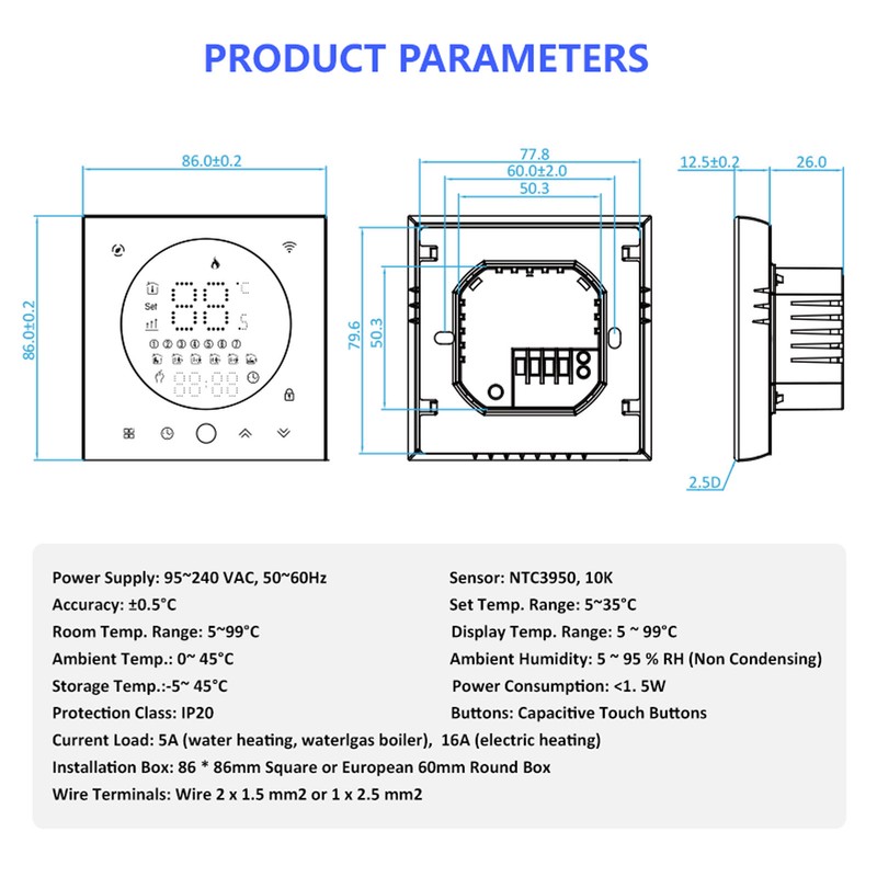 Programmable Smart Home Thermostat AC95~240V Voice Control LED Screen IP20