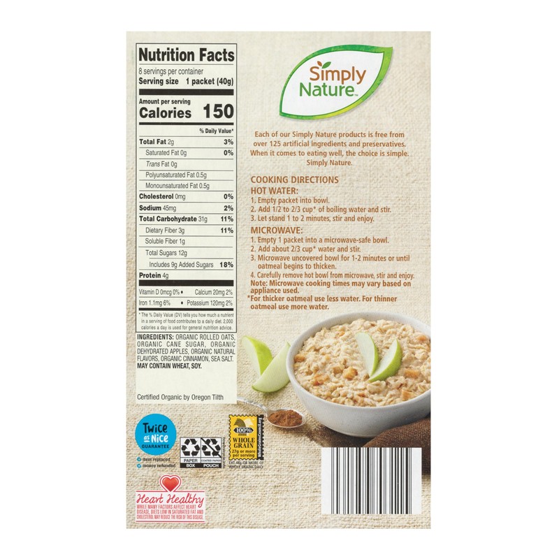 Simply Nature Organic Instant Oatmeal Packets (2 Boxes, Apple Cinnamon)