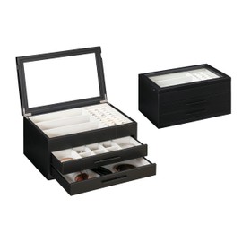 Arlo Belle Jewelry Box for Women, Jewelry Storage Organizer with Glass Lid, 3-Layer Jewelry Organizer, 2 Drawers, Modern Style for Earring, Ring, Necklace, Bracelets