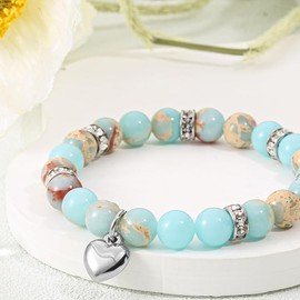 Natural Stone Powder Zebra Stone Bead Bracelet Love Pendant Crystal Bracelet (Blue3, One Size)
