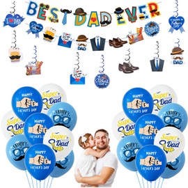 Fathers Day Balloons Party Decorations Supplies Father's Day Decoration - "Happy Father's Day" banner, 12 double-sided hanging cards, 12 spiral decorations, balloons -6 pieces each