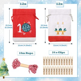GWHOLE 24PCS Advent Calendars Small Bags for Filling, Christmas Burlap Gift Bags with Drawstring, DIY Make Your Own Advent Calendars for Xmas Christmas Decorations