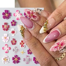 2Sheets 5D Pink Blossom Floral Nail Stickers Spring Summer Cute Petal Nail Art Stickers Embossed Summer Flower Nail Sliders Tropical Flowers Charms Lily Art Decor Manicure Decal DIY for Women