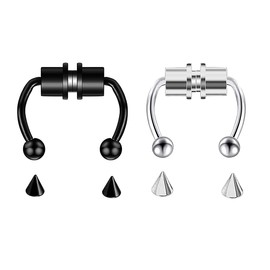 Nose Rings Reusable Fashion Nose Ring,2 Pcs Fake Nose Ring for Women Girl Men(Silver&Black）