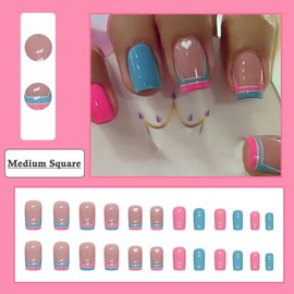 BAOYAALIN Press on Nails Short Medium Square Simple Blue Pink Fake Nails with Heart Design Full Cover Press ons Artificial Acrylic False Stick on Nail for Women Girls Daily Wear Wedding 24Pcs