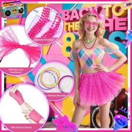 5Pcs 80s Accessories for Women, Ladies 1980s Fancy Dress Costume with Fishnet Gloves Lace Headband Lightning Earrings Necklace Bracelets Retro 80s Outfit for Girls Retro Hen Do Cosplay Party