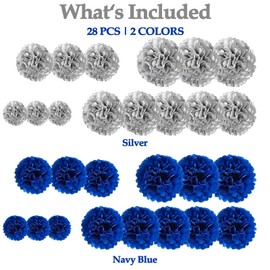 Navy Blue,Silver Tissue Paper Pom Poms Flower Set-28PCS Ideal for Birthday,Bridal Showers,Wedding,Baby Shower Party Decorations (12",10",8",6)