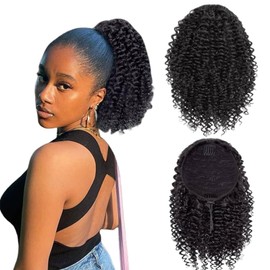 1Pcs Afro Kinky-Curly Hair Bulk, Curly Ponytail Extension For Black Women, Drawstring Ponytail Hair, For Black Women Natural Color 16 Inch