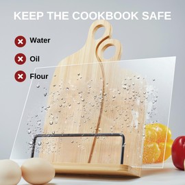 Bamboo Cookbook Stand for Your Kitchen Counter, Adjustment Recipe Book Holder with Acrylic Splashe Guard, 11.8X 7.8X 2.3 inch (30x 20x 6cm)