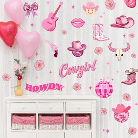 SUPERDANT Pink Cowgirl Howdy Wall Decals Boots and Hat Wall Stickers Preppy Western Girls Art Murals Peel and Stick Adhesive Sticker for Teen Room Bedroom Dormitory Decor