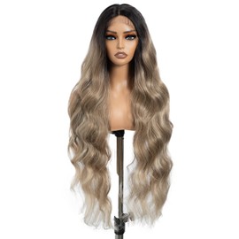 DÉBUT Long Wavy Synthetic Lace Front Wigs Ombre Dark Blonde Body Wave 36 Inches 13x4 Middle Part Wig Slight Pre Plucked Hairline with Baby Hair Dirty Blonde Color