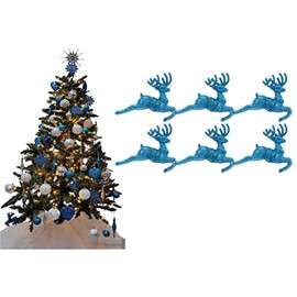 Pack of 6 - Hanging Glitter Reindeer Christmas Tree Decorations - 2.2cm x 9.5cm (Turquoise)
