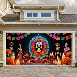 HOMETITUTE Sugar Skull Garage Door Banner for Dia de Los Muertos 13x6ft Vibrant Festive Papel Picado Ofrenda Wall Background Photo Background Mural Decorations Outdoor Indoor Party Decorations