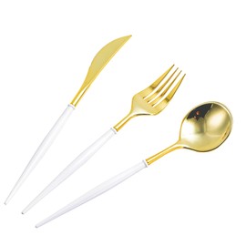 N9R 90PCS Gold Plastic Silverware - Gold Plastic Cutlery Set with White Handle, Heavy Duty Plastic Silverware with 30 Spoons, 30 Forks, 30 Knives - Perfect for Birthday Party, wedding and Everyday Use