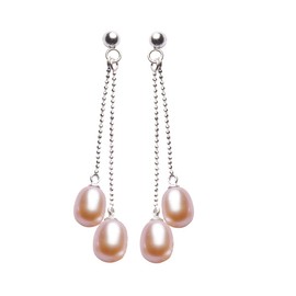 Jo & Co. 7.5 X 9.5 mm Double Drop Freshwater Cultured Pearl Earrings, in Sterling Silver, Good Lustre, Pierced Ears, Contemporary Packaging. Some Variation in Colour Tone May Occur (Pink)
