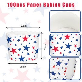JarThenaAMCS 100Pcs Stars Baking Cups Red White Blue Patriotic Cupcake Wrappers Paper 4th of July Scalloped Edge Cupcake Muffin Cases for Independence Memorial Day Party Dessert Decoration