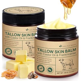 Cuidado de la piel de sarga de res con ricino y inciensos, bálsamo de miel de sarga batida alimentada con hierba para cara y cuerpo, hidratante natural hidrata, nutre profundamente, mejora el brillo natural, 4.23 oz
