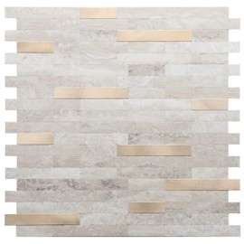 STICKGOO Peel and Stick Backsplash, PVC Wall Tiles Stick on Backsplash for Kitchen(5 Sheets, Beige with Metal Gold)