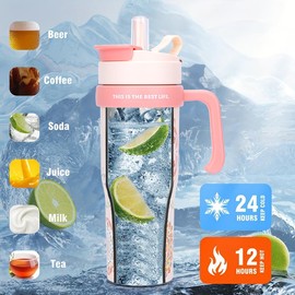 40 ounce 1.18-liter large capacity insulated drum, insulated straw cup with handle, stainless steel vacuum travel cup, large beverage bottle for water, iced coffee or tea (FA-776-3)