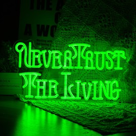 Never Trust The Living Neon Sign Cool Green Led Neon Light For Wall Decor Dimmable USB Powered Light Up Sign Letter Neon Light Signs For Party Chamber of Secrets Script killing Terror House Man Cave Room Neon Decor(17.3''*9.3''）