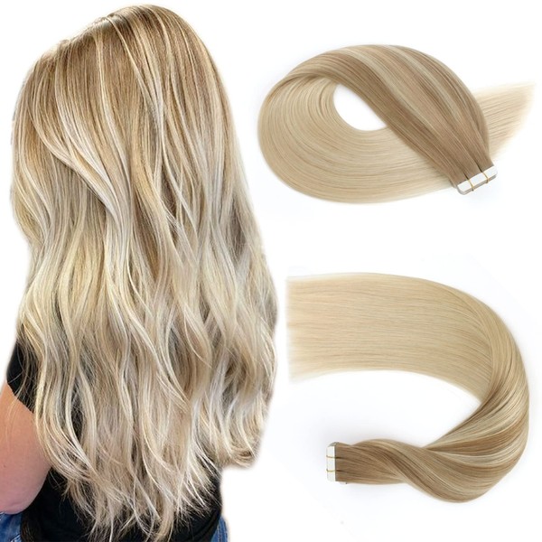 Sassina 55 cm Tape-In Hair Extensions, Balayage Chestnut Brown to Platinum Blonde, Skin Weft Tape-In Real Hair Extensions, Double-Sided, 20 Pieces, 50 g, #B8-60