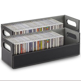 Stock Your Home 2- Pack CD Storage Box, Organizer Shelf for Movie Cases, DVDs, Cassette Tape Display Stand, Disc Holder Can Store Up to 40 CDs, Faux Leather (Black with Gray Interior)
