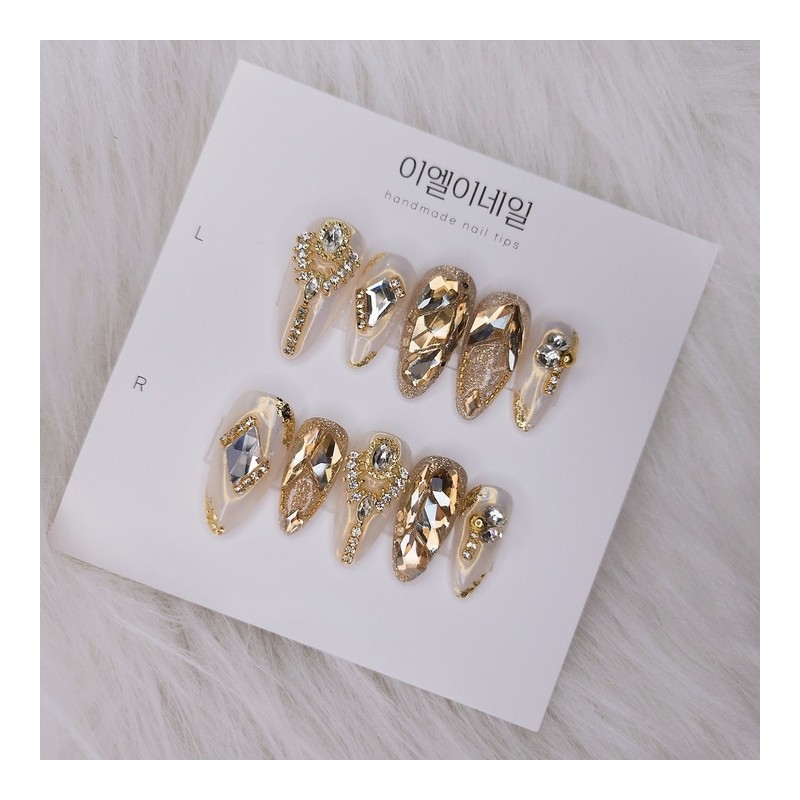 [Premium Nail] Gold Stone Handmade Nail Tips - Short Coffin