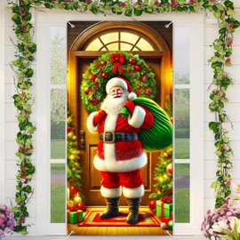 Christmas Door Cover Decoration Traditional Santa with Green Sack Festive Home Decor Xmas Door Banner Wall Hanging for Holiday Photo Backdrop Supplies Christmas Party Decoration