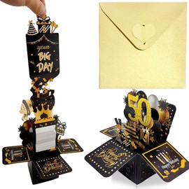 Black Gold Pop Up 50th Birthday Card for Women Man Her Him,50th Birthday Gifts 3D Pop-Up Greeting Card with Note and Envelope for Male Female for Daughter Son Mom Dad Wife Husband Friend
